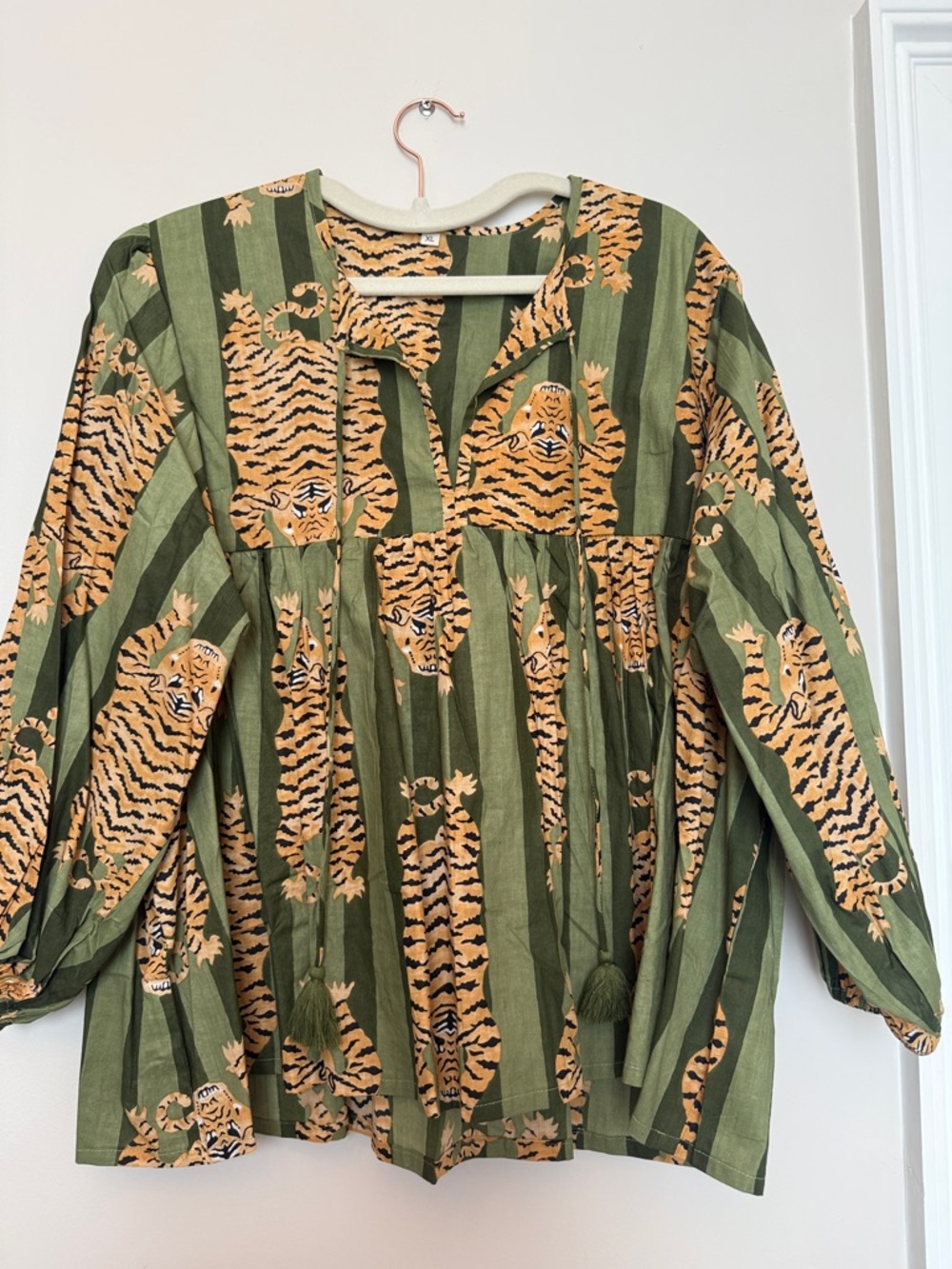 Green Striped Tiger Print Peasant Top